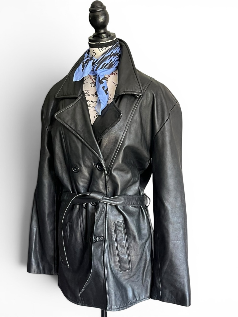Vintage Black Leather Belted Jacket Double Breasted 90s Minimalist Short Trench